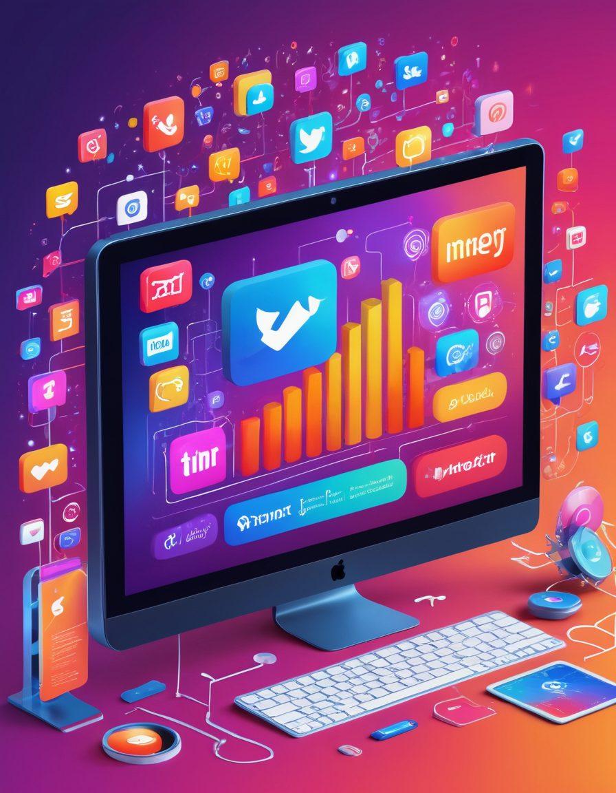 A digital landscape showcasing a dynamic video marketing strategy with vibrant icons representing social media platforms, graphs showing growth, and a diverse group of marketers collaborating. The background features stylized video elements and film reels flowing through the scene, symbolizing creativity and innovation. Emphasize energetic colors to reflect the excitement of video marketing. vector art. vibrant colors. 3D.