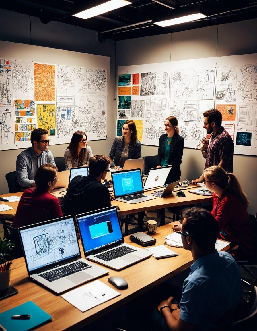 A dynamic workspace featuring a creative team brainstorming ideas, surrounded by sketches, storyboards, and video equipment. Include a laptop showcasing vibrant video editing software. The background should have inspirational posters and mood boards, with energy and collaboration visible in their expressions. Bright and engaging colors to convey creativity and excitement. vibrant colors. super-realistic.